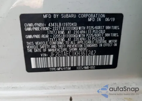 2019 Subaru Crosstrek 2.0I Premium z USA, uszkodzony, nr VIN JF2GTAEC1KH361242